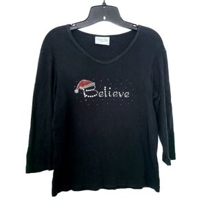 Cactus Bay Christmas Santa Believe Rhinestone Black Knit Holiday Shirt Sz M